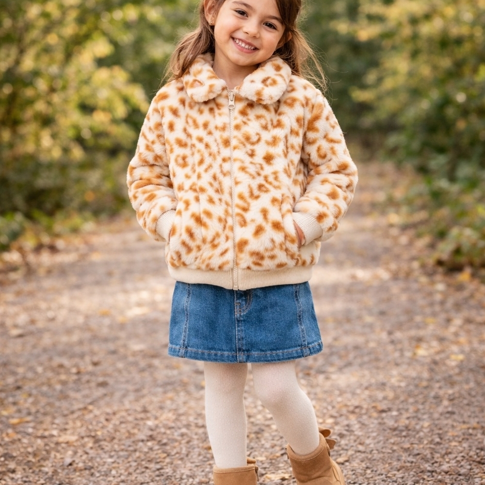 NWT Adorable Amazon Cream and Burnt Orange Leopard Faux Fur Zip Jacket